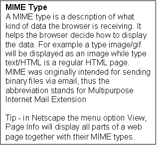 Text Box: MIME Type
A MIME type is a description of what kind of data the browser is receiving. It helps the browser decide how to display the data. For example a type image/gif will be displayed as an image while type text/HTML is a regular HTML page. MIME was originally intended for sending binary files via email, thus the abbreviation stands for Multipurpose Internet Mail Extension
Tip - in Netscape the menu option View, Page Info will display all parts of a web page together with their MIME types.