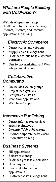 Text Box: What are People Building with ColdFusion?

Web developers are using ColdFusion to build a wide range of Internet, Intranet, and Extranet applications including: 
     Electronic Commerce
·	Online stores and catalogs 
·	Supply chain management 
·	Business to business electronic commerce 
·	One to one marketing and Web site personalization 
     Collaborative Computing
·	Online discussion groups 
·	Project management 
·	Groupware systems 
·	Workflow applications 
·	Web based support 

Interactive Publishing
·	Online information services 
·	Agent technology 
·	Dynamic Web publications 
·	Internal corporate newsletters 
·	Interactive training 
Business Systems
·	HR applications 
·	Sales/order entry 
·	Business process automation 
·	Company directory 
·	Financial information applications 
·	Customer asset management
